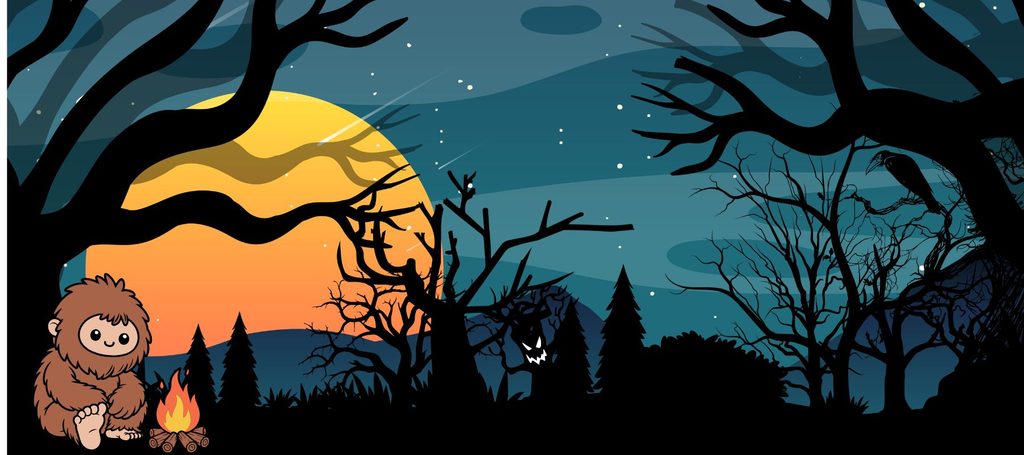 An illustrated bigfoot sits beside a campfire while strange creatures watch from a moonlit Appalachian forest.